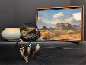 lot 167 image: Vintage Oak Creek Canyon Arizona Landscape Photograph With Glazed Pot and Eagle Dreamcatcher Decor