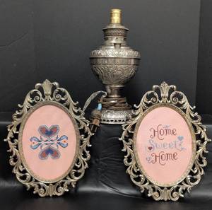 lot 168 image: Vintage Juno No.2 Ornate Table Lamp (not tested) with Home Sweet Home Frames