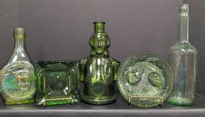 lot 171 image: Vintage Green Glass Figural Whiskey Bottles Collection and More