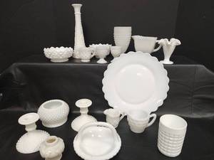 lot 180 image: Vintage Milk Glass Collection Featuring Hobnail, Diamond and Quilted Patterns