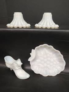 lot 183 image: Vintage MG Fenton Glass Slipper in Daisy Button Pattern, MG Anchor Hocking Candlestick Holders and Hazel Atlas MG Trinket Candy Dish