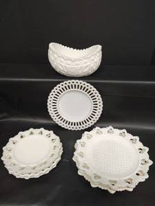 lot 184 image: Vintage Milk Glass Hobstar and Fan Oval Bowl Including 3-9 Kemple Milk Glass Plates Including an Assortment of Snack Plates