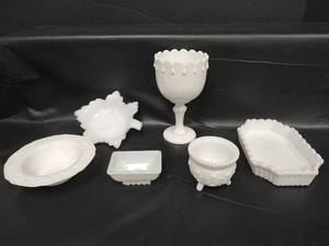 lot 185 image: Vintage White MG Tear Drop Pedestal Compote, Westmoreland MG 6 inch Maple Leaf, MG Open Salt Cellar, Fenton Daisy and Button MG Candle Holder