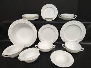 lot 188 image: Vintage Assorted White Milk Glass Embossed Dinnerware, Includes Pieces of Vitrock and Hazel Atlas