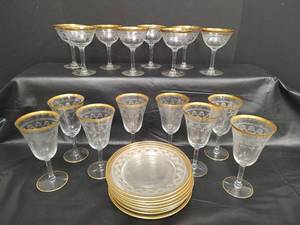 lot 201 image: Vintage 1920s Gold Encrusted Rim Tiffin Franciscan Etched Crystal, 8 Piece Setting