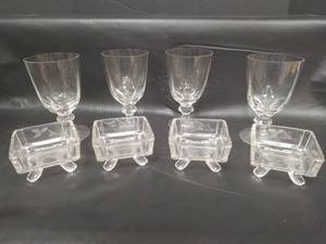 lot 204 image: Vintage Elegant Heisey Thin Blown Crystallite Crystal Water Goblets and Glass Square Foot Salt CellarTrinket Dish