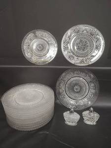 lot 205 image: Vintage Duncan and Miller Crystal 8 Plates(qty 14), Imperial Glass Diamond Fan Salt and Pepper Shakers and More
