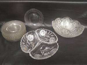lot 206 image: Vintage Cut Glass Bowl, Divided Bowl and 10 Vintage Pressed Glass Dessert Plates