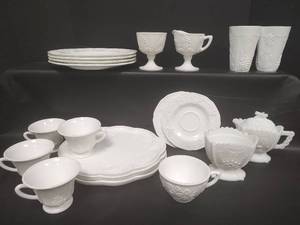 lot 212 image: Vintage Milk Glass, Contains Pieces of Indiana Colony and Westmoreland. Dinner Plates, Sip and Snack Plates, CoffeeTea Cups, Cream and Sugar and More