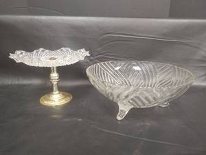 lot 214 image: Vintage 3 Footed Swirled Glass Bowl and Cut Glass Compote with Gold Metal Stand
