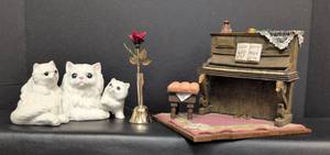 lot 223 image: Home Decor featuring Cat with Kittens, Old Upright Piano, and Brass Bell with Rose