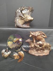 lot 228 image: Vintage Ceramic Bronze Finish Wolf Pack, Deer Sculpture and Handpainted Dream Catcher