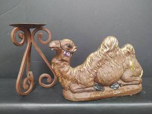 lot 229 image: Vintage Ceramic Camel and 8 inch Iron Candle Holder