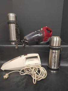 lot 231 image: New Stainless Steel Thermos, Car Plug In Thermos, Dirt Devil Extreme Power Rechargeable Hand Held Vac and Douglas RX-365 Hand Vac with Extra Long Cord (Both Power On)