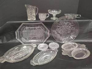 lot 233 image: Vintage Clear Glass Serving Collection with Waste Not Want Not Plate