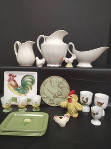 lot 234 image: Vintage Rooster Kitchen Collection - Frankoma 94TR Rooster Trivet, John Maddock and Sons Gravy Dish, Vtg Egg Cups and More