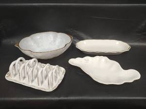 lot 236 image: Vintage Milk Glass Grape Leaf Bowl 24k Gold Trim 8 x 10 1940s-1950s, Porcelain Toast Rack with Gold Trim and More