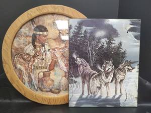 lot 239 image: Vintage Native American in Framed Puzzle Picture and Wolves Winter Scene (Hole in Picture for Clock)