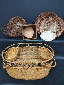lot 240 image: Wicker Picnic Basket with Removable Trays and Assorted Wicker Baskets with Bread Warmers