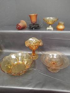 lot 241 image: Vintage Amber Glass Collection - Moon and Stars Pedestal Compote, Serving Bowl, Fruit Bowl and More