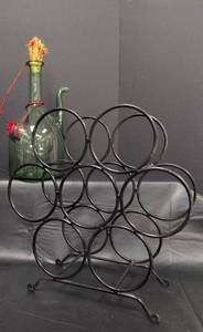 lot 246 image: Vintage Black Metal Wine Rack with Green Glass Wine Decanter