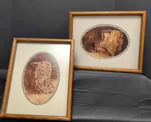 lot 265 image: Vintage Framed Oval Quilt Art Prints Set