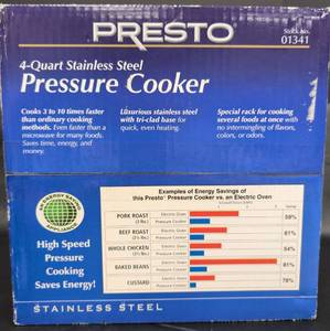 lot 266 image: NIB-Presto 4-Quart Stainless Steel Pressure Cooker