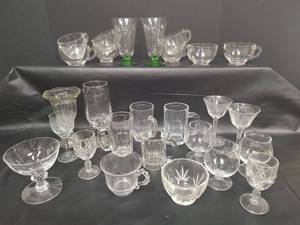 lot 269 image: Vintage Mixed Glass Drinkware Collection - 2 Fostoria Optic Loop Green Base Tea Glasses, 8 Clear Glass Coffee Cups with Bubble Handles by Orchard and More
