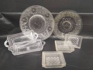 lot 271 image: Vintage Clear Glass Relish Tray 9x4, Vtg Crystal Glass Salt Cellars with Star Design, Tiara Glass 10 12 and 9 inch Plates Vtg 1960s