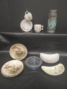 lot 272 image: Vintage Collection - Glazed China wBritish Design Registration Nbr, Cup and Saucer with Handpainted Design, Flowered and Plain Bone China Crescent Dishes, Fire King Philbe Blue Small Casserole with Lid and Glass Apothecary Jar with Real and Gold Design