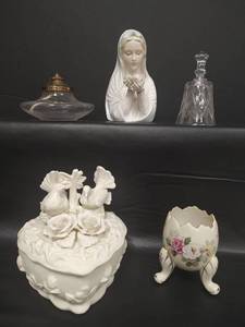 lot 273 image: Vintage Lenwile Ardalt China Japan 6039 Lady Holding Flower VasePlanter, Vtg Egg 1962 Handpainted Porcelain 4, Vtg Porcelain Heart Shaped with Doves Trinket Box and More