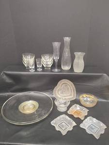 lot 276 image: Vintage 13 inch Thick Glass Plate with Brass Bottom, 4x4 Indiana Glass Dishes, Vtg Pressed Glass Heart Dish, Clear Glass Dessert Bowls and More