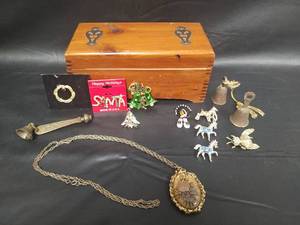 lot 277 image: Vintage Pins, Necklace, Bells and Wooden Box