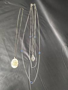 lot 281 image: Vintage Silver Necklaces with Blue Accents and Cameo Pendant and Pendant with Sepia Tones