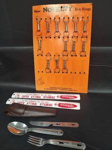 lot 294 image: Vintage Boy Scout Utensil Set with Case, Novelty Key Rings and Walgreens Metal Promotional Rulers