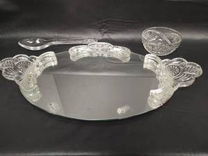 lot 312 image: Mirror with Ornate Clear Plastic Handles, Pressed Glass Bowl and 10 inch Glass Spoon