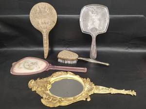 lot 313 image: Antique Composition Faux AlligatorCrocodile Beveled Hand Mirror c 1900, Vtg Silver Plated Vanity Mirror, Vtg Pink Plastic Vanity Dresser Mirror and More