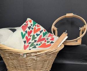 lot 320 image: Wicker Basket, Decorative Pillows, Embroidery Hoop Stand and Border Bar