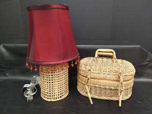lot 327 image: Woven Rattan Table Lamp with Beaded Trim and Lidded Oval Basket  (Lamp tested)