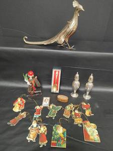 lot 329 image: Flauder Vtg Mid Century Chrome Plated Peacock #2257 Made in USA, Salt and Pepper Shaker Silvertone #803 Made in USA, Vtg Cardboard Christmas Ornaments and More