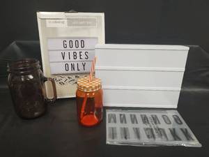 lot 335 image: NIB Trueliving LED Light Box with Letter Set and Drinking Mason Jars