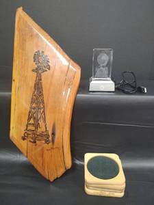 lot 338 image: Crystal Wolf and Moon Display with Square Light Base and Two Power Modes and Handcrafted Windmill  Wood Art and Wood Coasters