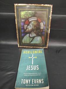 lot 343 image: Religious Art and Book Collection Set, Stained Glass Style Picture and Horizontal Jesus Book by Tony Evans