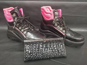 lot 346 image: Aston Cape Robbin Black & Pink Hiking Boots Size 9, including Black Patent Wallet