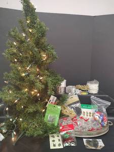 lot 348 image: Three Foot Christmas Tree, Silver Metal Tray, Assorted Ribbon, Beads and Decorations