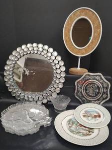 lot 365 image: Crown China Winter Scene 2 Tier Snack Plates(Missing Spacer), 17 Home Accents Round Wall Mirror and More
