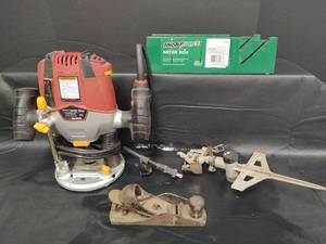 lot 367 image: Chicago Electric 1.5HP Variable Speed Plunge Router, Master Force Miter Box and More
