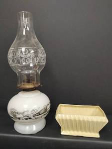 lot 373 image: Mid-Century Milk Farmhouse Scene Oil Lamp with Etched Chimney and VTG Brush McCoy Ceramic Planter 7 x 4