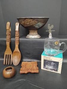 lot 374 image: VTG  Handcut Glass Mug Manu. In The Peoples Republic of China, Wooden Fork, Spoon, Trivet and Small Bowl, Metallic and Wood Color Pedestal Bowl and More