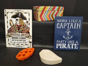 lot 378 image: Pirate Themed Wall Hangings, Ceramic Striped Lidded Box and More